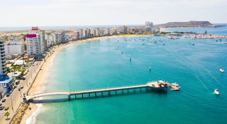Malecón w Manta, Ekwador. Widok na plażę, budynki, molo i zatokę z łodziami. Tu właśnie leży Ekwador, kraj na równiku.