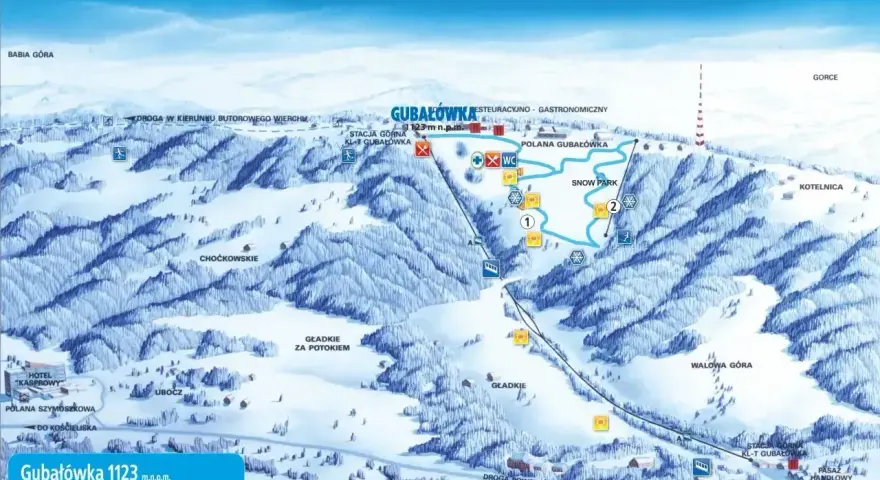 Mapa narciarska Gubałówki z trasami, wyciągami i atrakcjami. Widoczny Snow Park i punkty gastronomiczne.