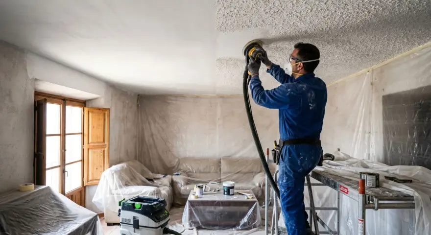 Hombre lijando techo con gotelé para tapar con pladur. El salón está cubierto con plásticos protectores.