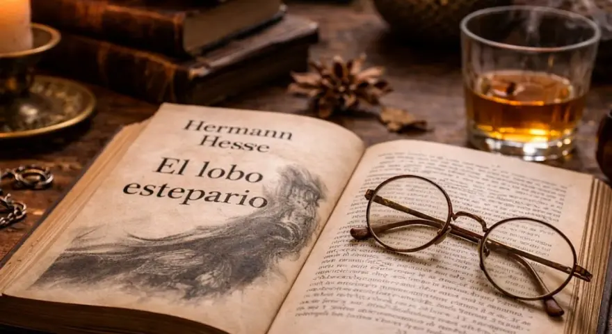 Un libro abierto con el título "El lobo estepario" y unas gafas encima. A su lado, un vaso de whisky y velas, evocando la atmósfera de la obra.