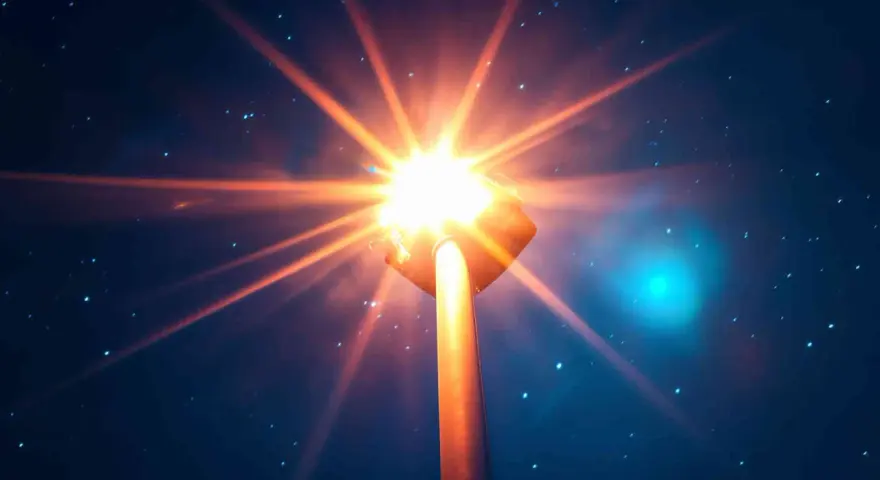 Un lampione illumina la notte stellata con un abbaglio di luce arancione intenso.