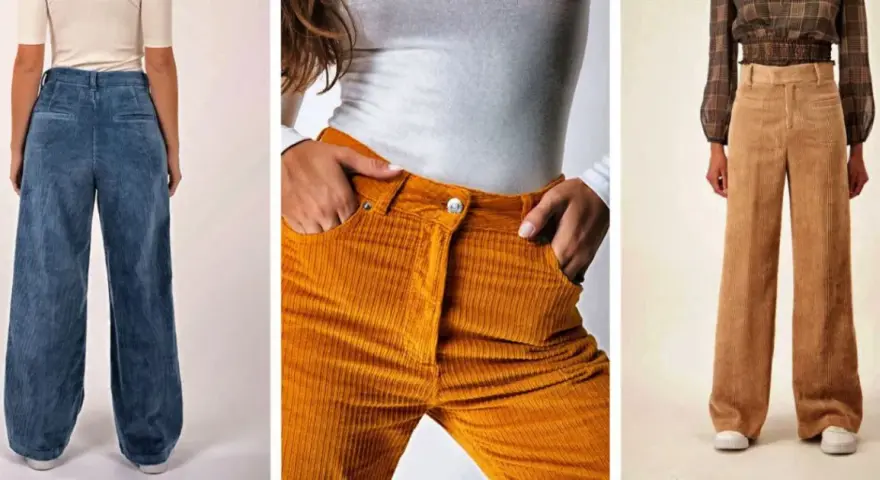 Trois pantalons en velours côtelé pour femme : bleu, moutarde et beige. Parfait pour un look décontracté, quelle chaussure avec pantalon velours femme ?