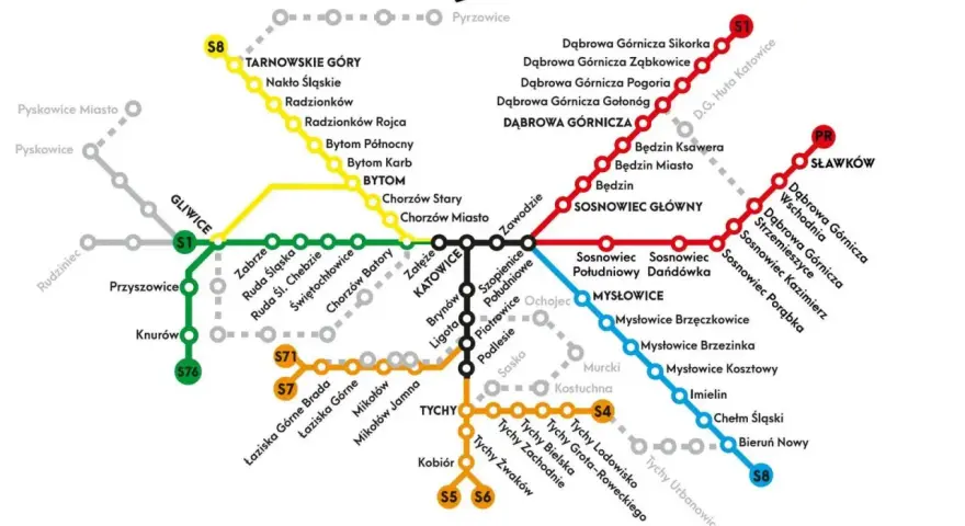 Mapa linii kolejowych Górnego Śląska, przedstawiająca pkp rozkład jazdy z zaznaczonymi stacjami i trasami.