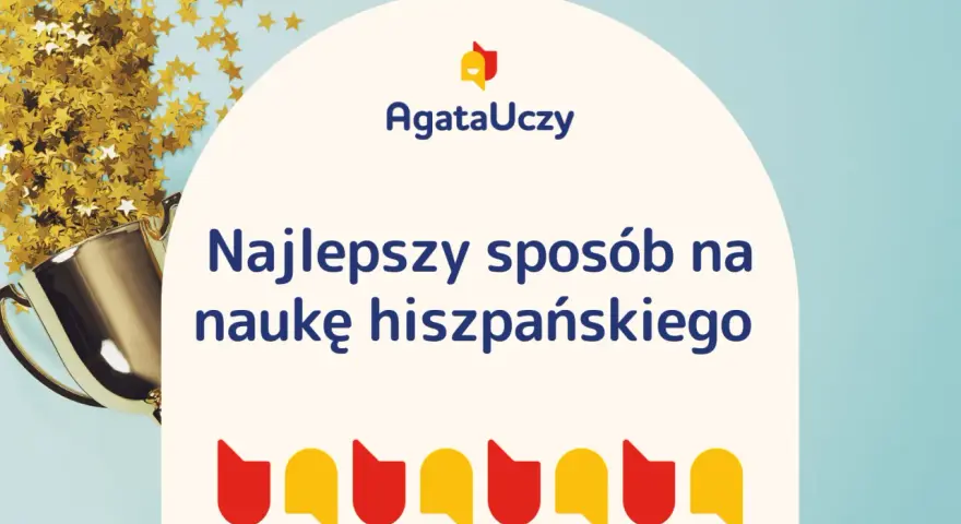 Złoty puchar i konfetti symbolizują sukces w nauce hiszpańskiego. "Najlepszy sposób na naukę hiszpańskiego" - pytania po hiszpańsku.