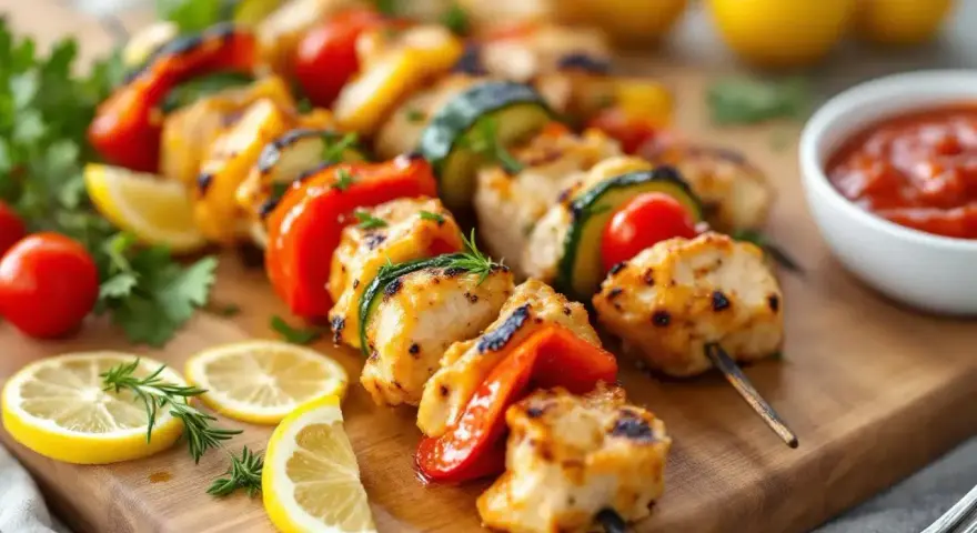 Délicieuses brochettes de poulet grillées avec des légumes colorés, des quartiers de citron et une sauce tomate.