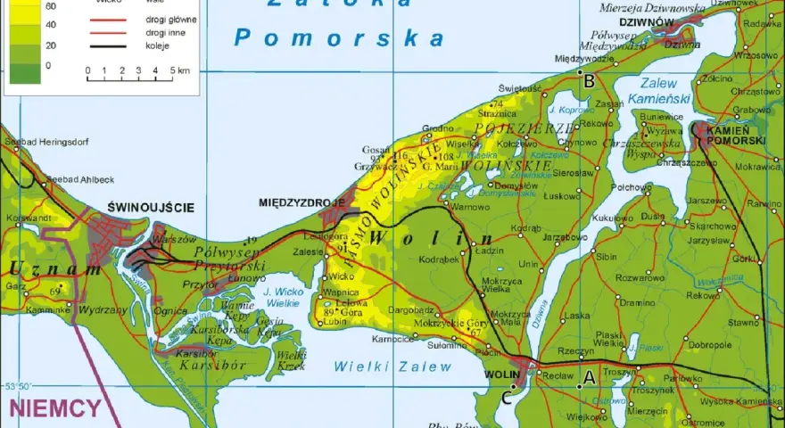 Mapa pokazuje, jak wyszukać miejsce po współrzędnych na Półwyspie Wolińskim.