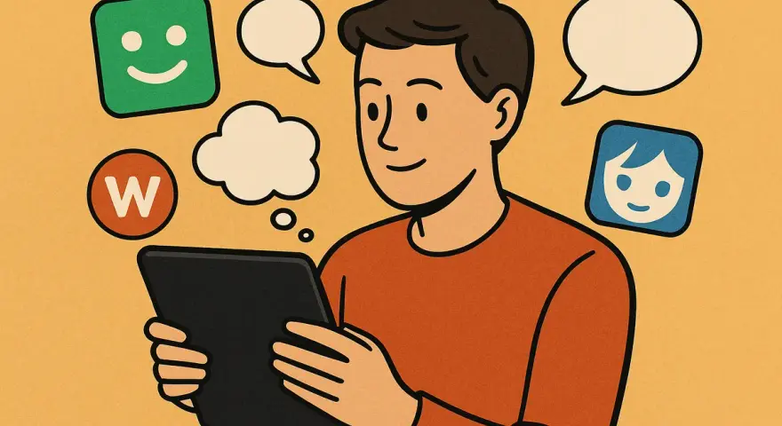 Chłopak z tabletem szuka informacji, skąd pobierać komiksy po polsku. Widoczne ikony aplikacji i dymki myśli.