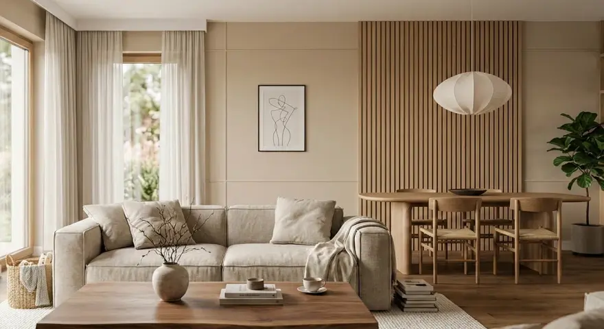 Przytulny salon w stylu japandi. Jasna sofa, drewniany stół i krzesła, ozdobne panele ścienne.