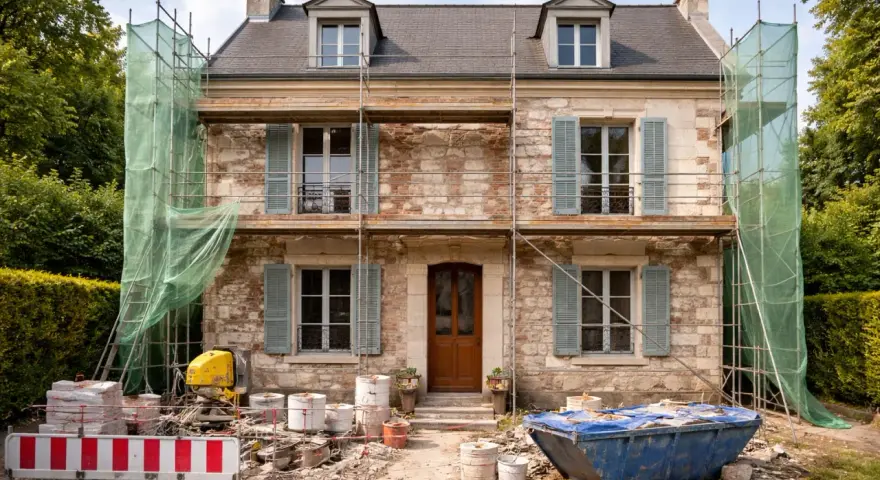 Façade maison en pierre en rénovation, échafaudages et bâches vertes protègent les travaux. Matériaux de construction et benne à gravats au premier plan.