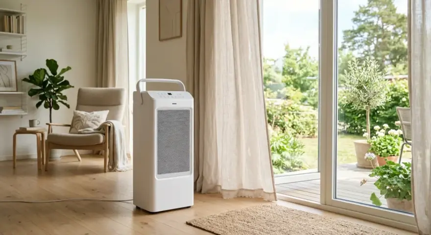 Climatizador blanco en salón moderno, mostrando la diferencia entre aire acondicionado y climatizador.