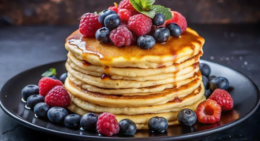En hög med fluffiga pannkakor, toppad med färska bär och sirap. Perfekt för en mysig frukost, inspirerad av ett enkelt pannkakssmet recept.