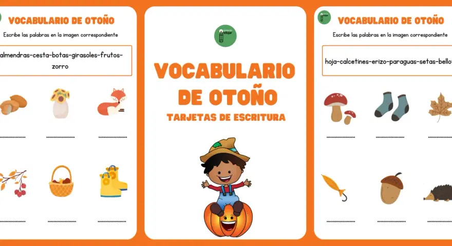 Tarjetas de escritura para aprender vocabulario de otoño: almendras, cesta, botas, girasoles, frutos, zorro, hoja, calcetines, erizo, paraguas, setas, bellota.