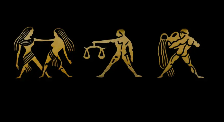 Złote symbole zodiaku: Bliźnięta, Waga (jaki żywioł powietrza), Wodnik na czarnym tle.