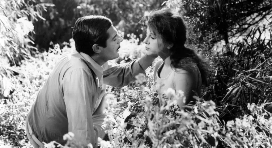 Un uomo e una donna in un campo fiorito, un'immagine che evoca il significato del sorpasso, un momento di intimità e cambiamento.
