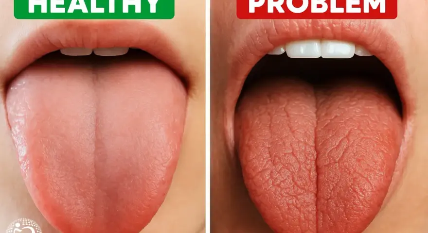 Zdrowy język vs. język z kserostomią. Suchość w ustach (kserostomia co to) objawia się zmianą wyglądu języka.