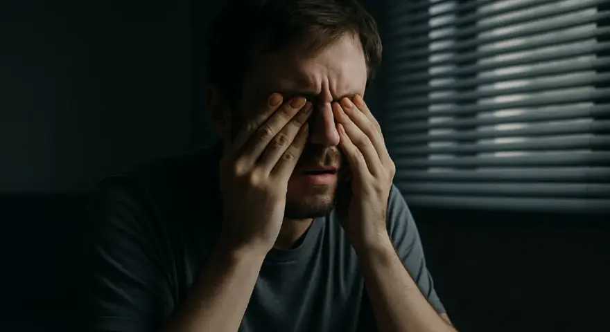 Mężczyzna zamyka oczy, szukając ulgi od światła. Oto domowe sposoby na światłowstręt.