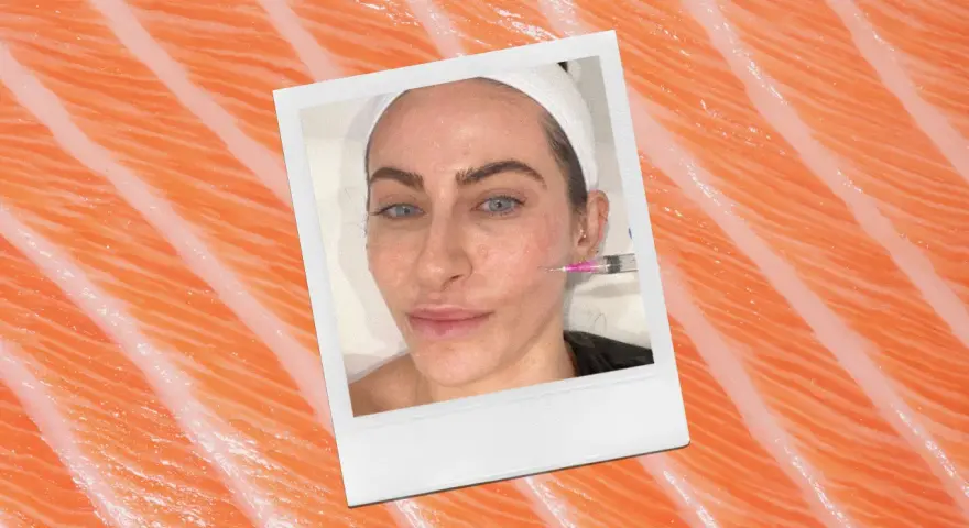 A woman receives a cosmetic injection, possibly part of a salmon sperm facial treatment, against a backdrop of salmon flesh.