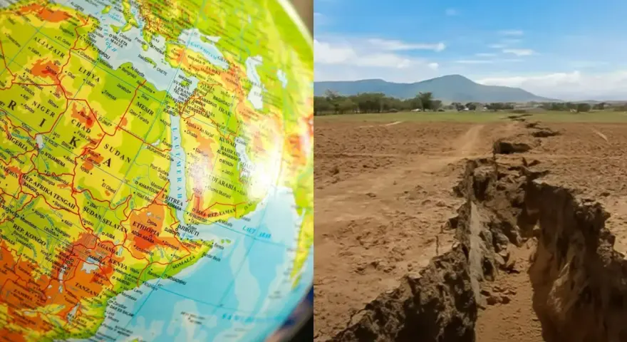 Mapa świata z zaznaczonym **Rów Afrykański** i jego krajobrazem.
