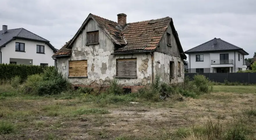 Zrujnowany dom, wpisany do rejestru zabytków, stoi pośród chwastów, otoczony nowoczesnymi budynkami.