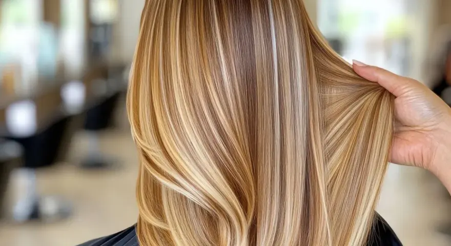 Piękne, długie włosy w odcieniu dirty blonde z subtelnymi refleksami, ułożone w fale.