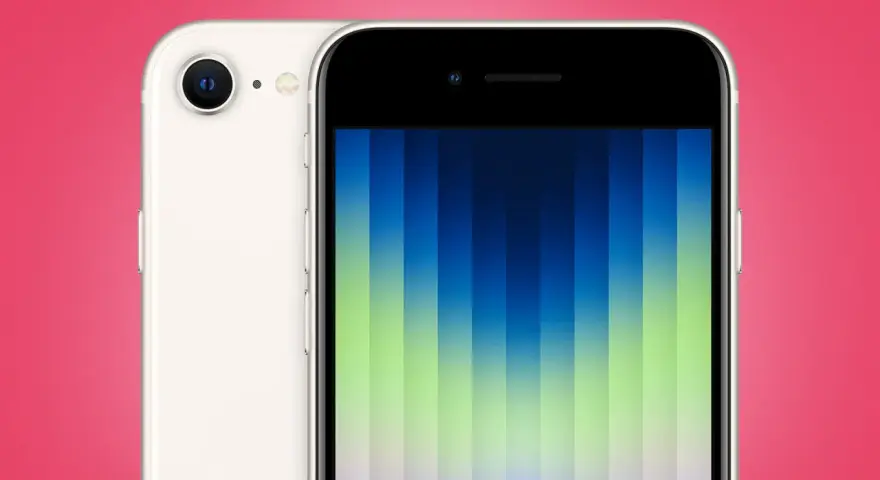 En vit iPhone SE Gen 4 med en färgstark bakgrund.
