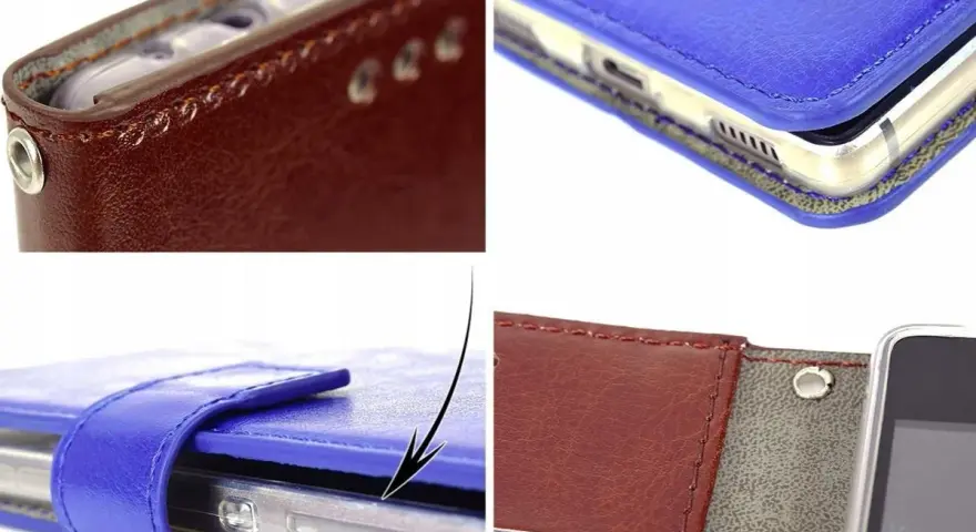 Eleganckie etui na telefon LG K51S z klapką, wykonane z brązowej i niebieskiej skóry ekologicznej.