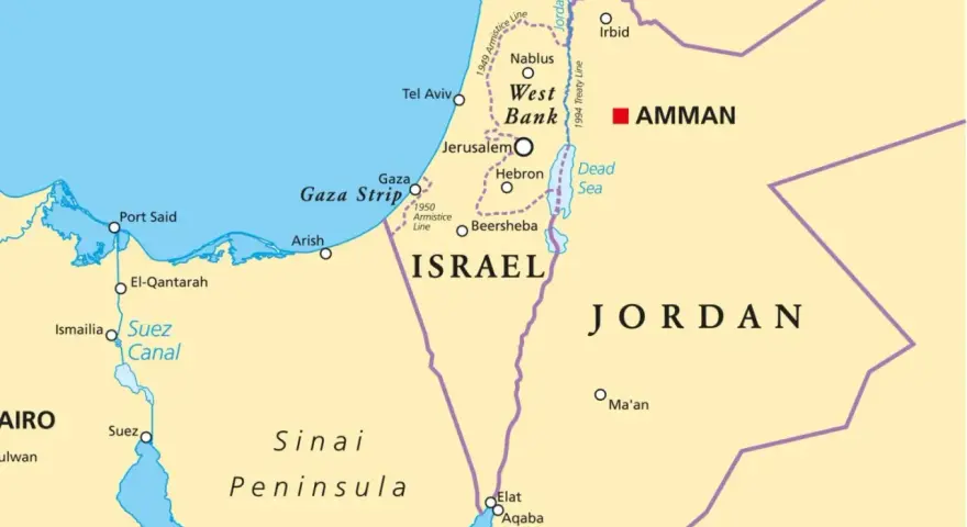 Mapa Izraela, Jordanii i części Egiptu. Czy wyjazd do Ziemi Świętej jest bezpieczny? Mapa pokazuje Strefę Gazy, Zachodni Brzeg, Kanał Sueski.