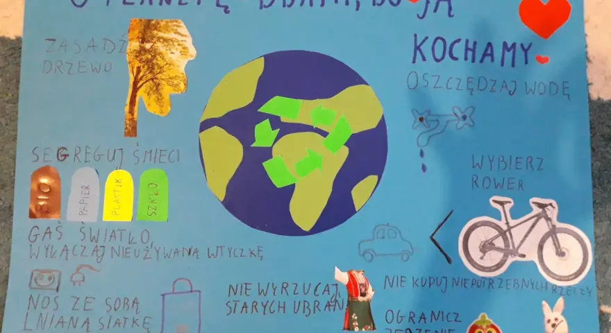 Plakat "Jak chronić środowisko" pokazuje, jak dbać o planetę: segreguj śmieci, oszczędzaj wodę, wybieraj rower.