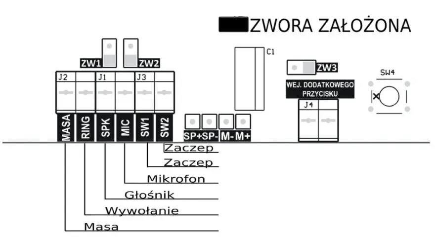 Schemat połączeń domofonu Cyfral Smart 5P z opisem zacisków i zworkami.