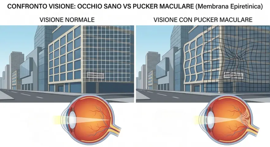 Confronto tra visione normale e pucker maculare, con illustrazioni di edifici e occhi. La terapia farmacologica è una delle opzioni.