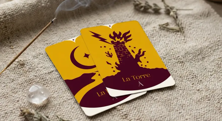 Cartas de tarot "La Torre" y "La Luna" sobre tela rústica, con incienso humeante y un cuarzo.