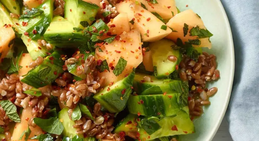 Erfrischender melonen gurken-salat mit Getreide, Minze und Chili. Ein Rezept von Martina und Moritz für den Sommer.