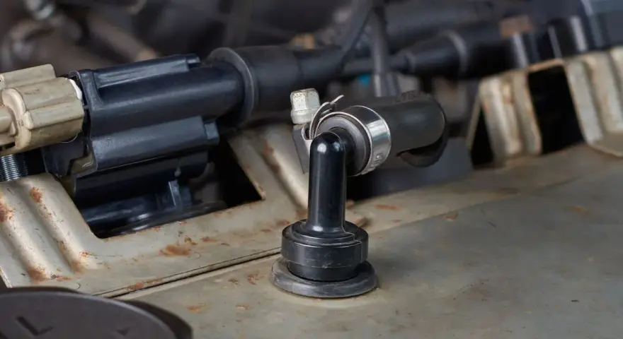 A black rubber PCV valve hose connected to a metal engine component. This part can cause bad PCV valve symptoms if it fails.