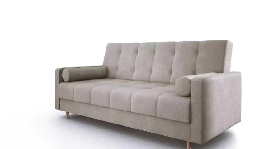 Beżowa sofa z pikowanymi poduchami i wałkami, gotowa do rozłożenia. Mechanizm rozkładania sofy jest intuicyjny.
