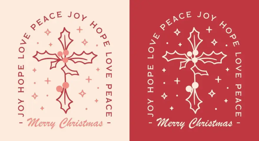 Zwei Weihnachtsgrafiken mit Mistelzweigen, Sternen und den Worten "Joy Hope Love Peace" sowie "Merry Christmas".