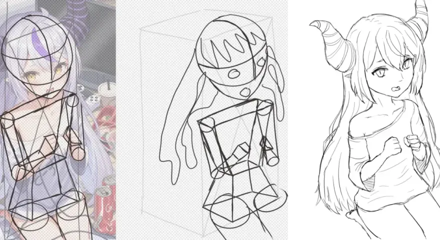 Tre steg för att rita en anime-karaktär med horn. Skiss, skelett och färdig teckning. Bra bilder att rita för övning.
