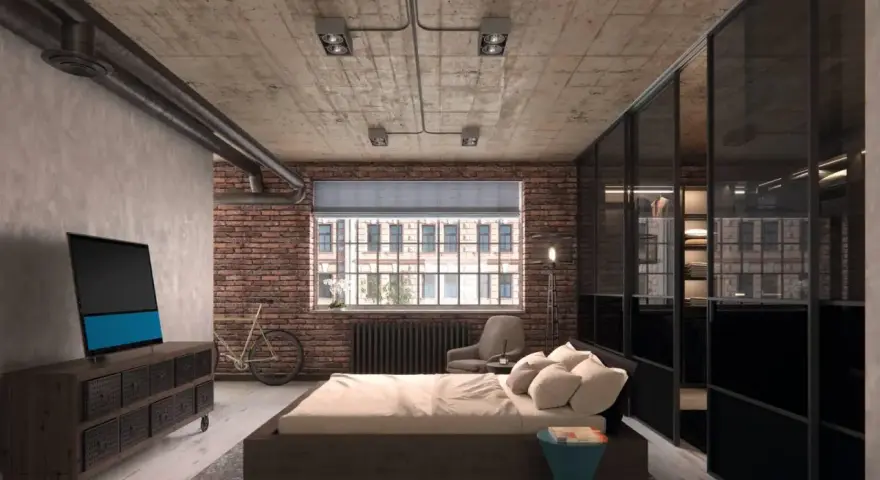 Camera da letto in stile industrial chic con pareti in mattoni, soffitto in cemento a vista e armadio con ante in vetro.