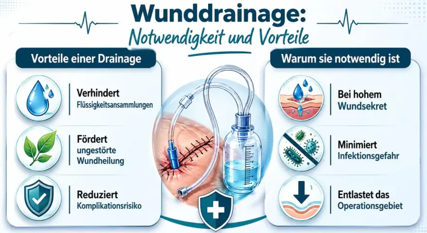 Medizinische Wunddrainage: Vorteile wie Verhinderung von Flüssigkeitsansammlungen, Förderung der Heilung und Reduzierung von Komplikationen. Sie ist bei hohem Wundsekret, zur Minimierung von Infektionen und zur Entlastung des Operationsgebiets notwendig.