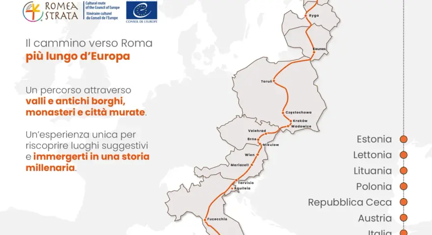 La mappa illustra la **strada Romea**, il cammino più lungo d'Europa, da Tallinn a Roma, passando per Polonia, Austria e Italia.