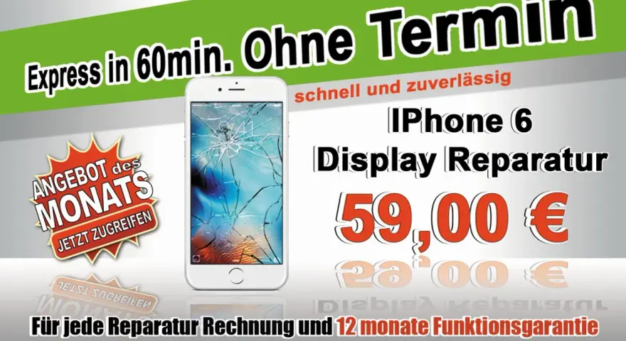 Ein weißes iPhone mit gesprungenem Display, daneben ein Angebot für iPhone 6 Display Reparatur für 59€.
