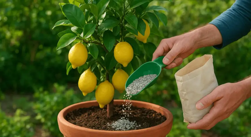 Mani che aggiungono fertilizzante a un limone in vaso. Il momento giusto per concimare il limone è fondamentale per frutti succosi.