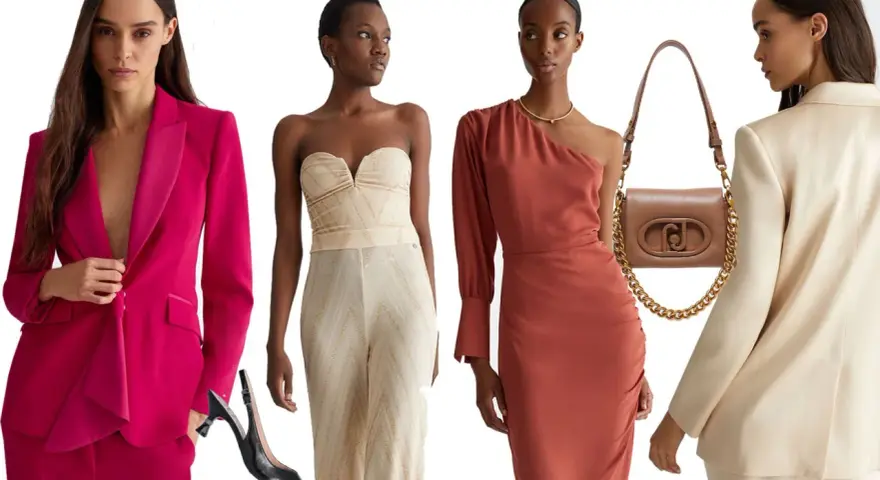 Idee eleganti per un battesimo: tailleur fucsia, jumpsuit dorata, abito monospalla e tailleur avorio.