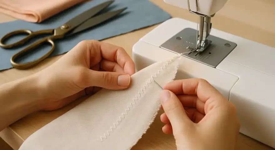 Manos cosiendo tela con puntada zigzag, aprendiendo trucos de costura a mano. Tijeras y telas a un lado.