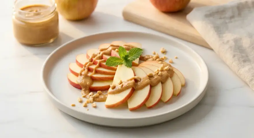 Ein gesunder Snack: Apfelscheiben mit cremiger Erdnussbutter und gehackten Nüssen, garniert mit Minze.