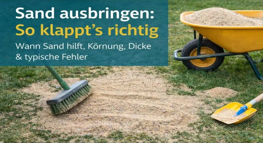 Sand gegen Moos im Rasen: Eine Schubkarre voller Sand, Besen und Schaufel liegen bereit.