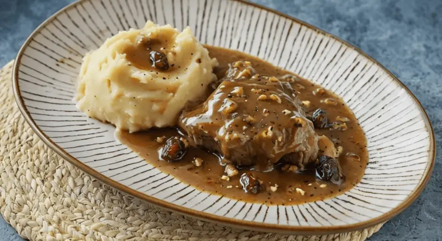 Carrilleras de ternera en salsa de vino tinto con puré de patatas.