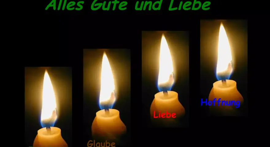 Vier Kerzen leuchten: Frieden, Glaube, Liebe und Hoffnung. Ein Gedicht, das Hoffnung schenkt.