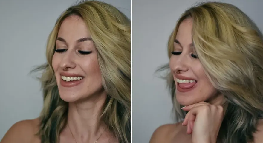 Uśmiechnięta kobieta z blond włosami i złotym kolczykiem w nosie (nasallang piercing). Na drugim zdjęciu pokazuje język.