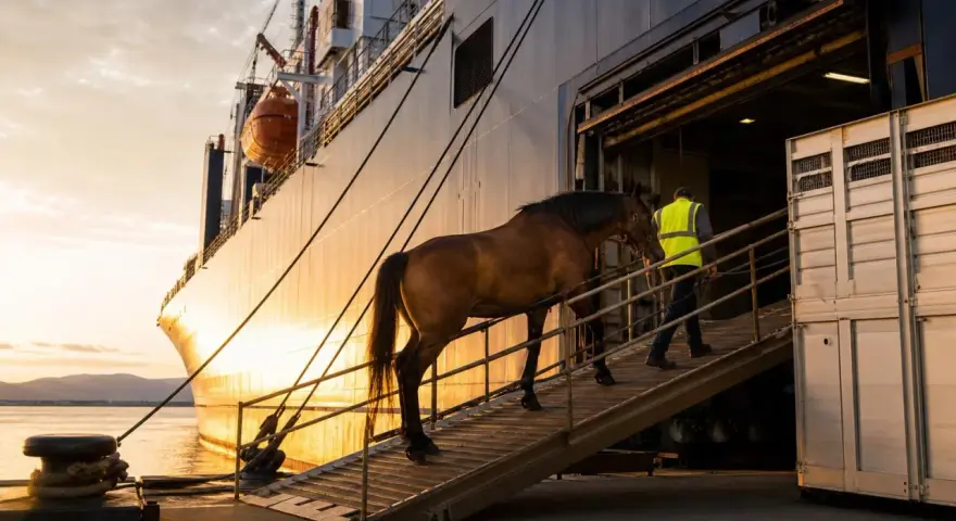 Un cheval brun monte une rampe vers un navire, guidé par un homme en gilet jaune. Le transport de chevaux se fait au coucher du soleil.