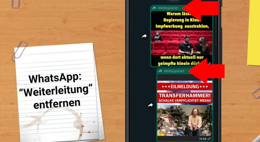 WhatsApp-Nachrichten mit roten Pfeilen, die auf "Weitergeleitet" zeigen.